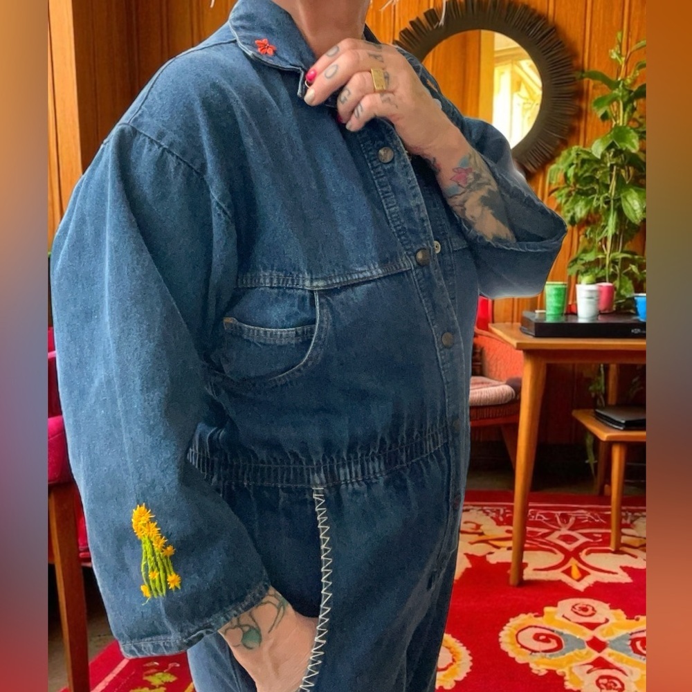 Hand embroidered Dreams custom Blue Denim Mechanic Jumpsuit Coveralls - Picture 9 of 12